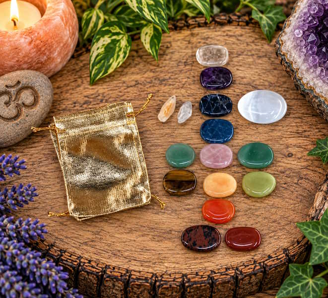 Pack rodados planos 7 chakras 16 minerales